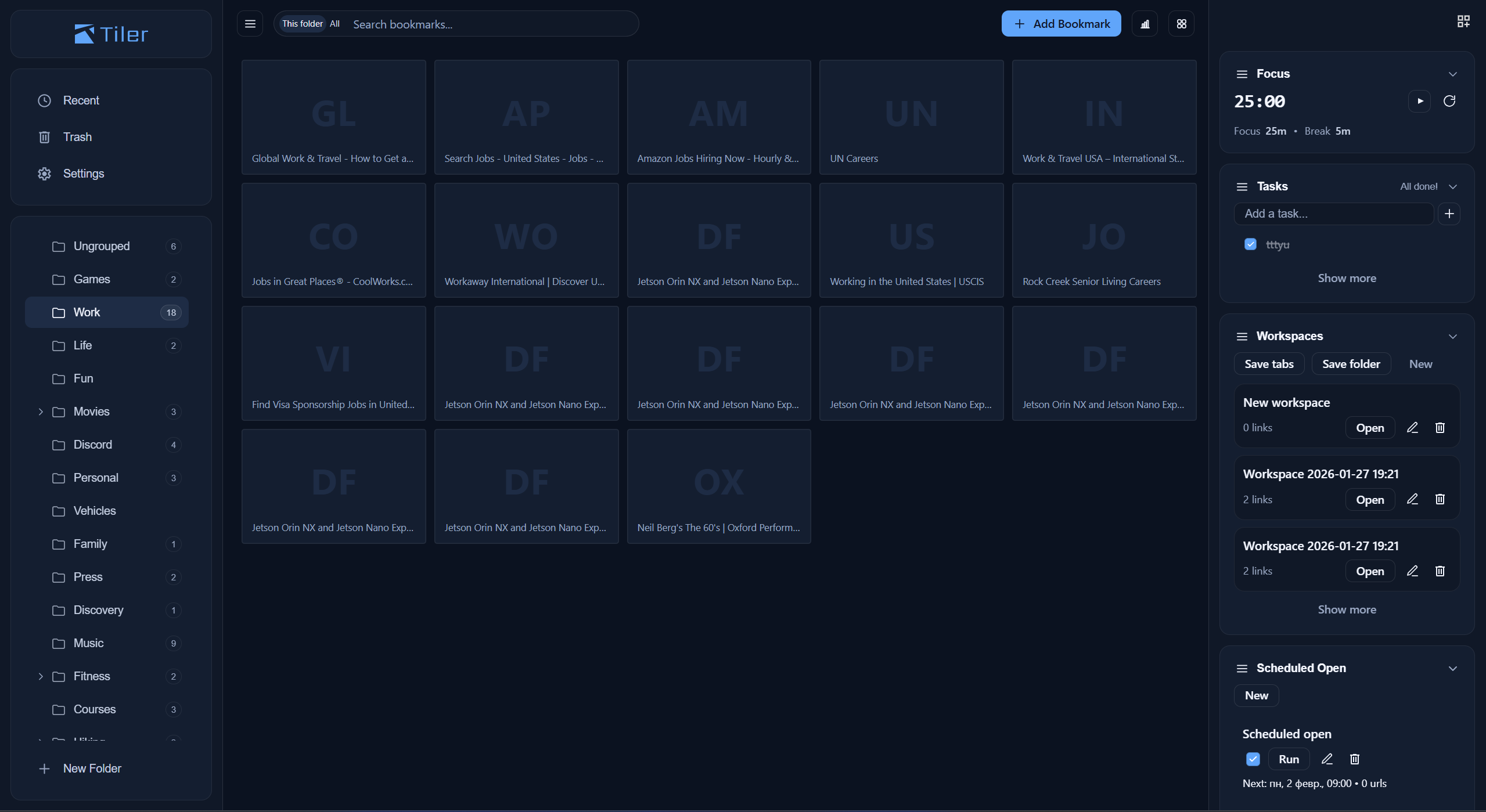 Tiler with productivity widgets - Pomodoro timer, to-do list, and workspaces panel